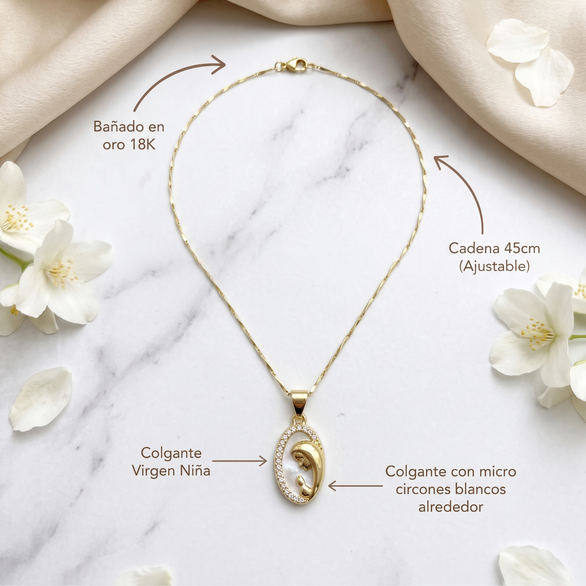Collar Virgen Niña | Medalla Baño de Oro 18K con Micro Circones Blancos, Cadena Ajustable 45 cm
