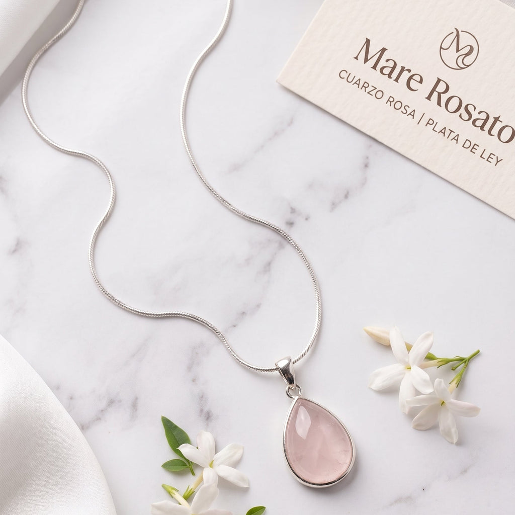 Collar Gota Cuarzo Rosa Plata 925 | Colgante Piedra Rosa Mare Rosato