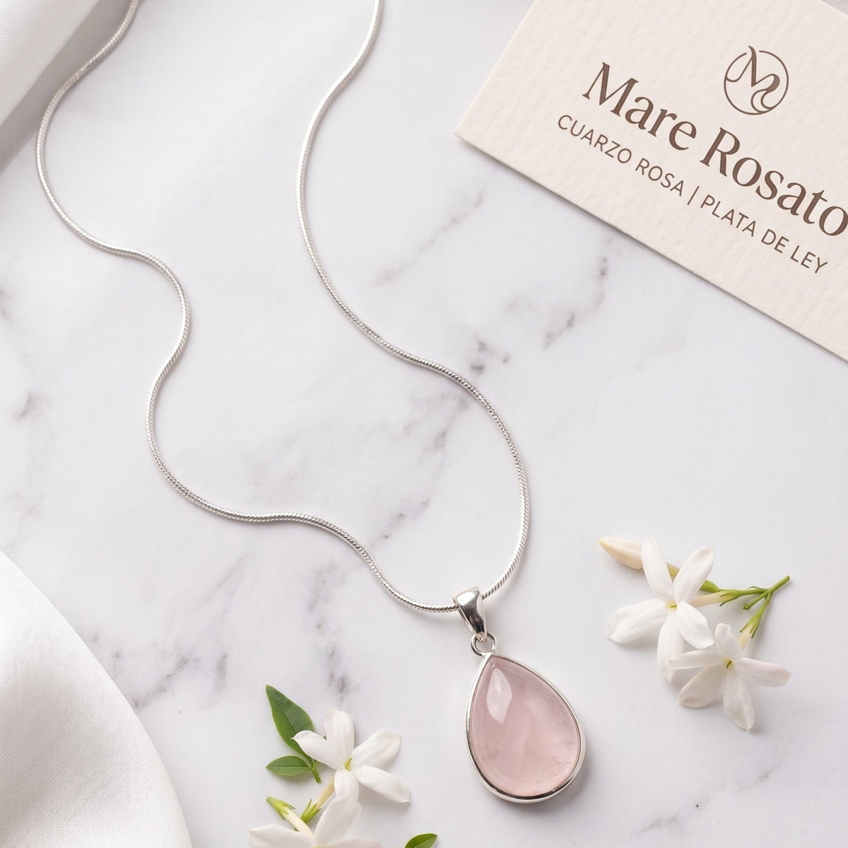 Collar Gota Cuarzo Rosa Plata 925 | Colgante Piedra Rosa Mare Rosato