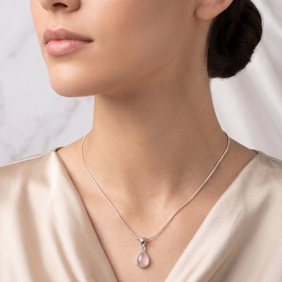 Collar Gota Cuarzo Rosa Plata 925 | Colgante Piedra Rosa Mare Rosato