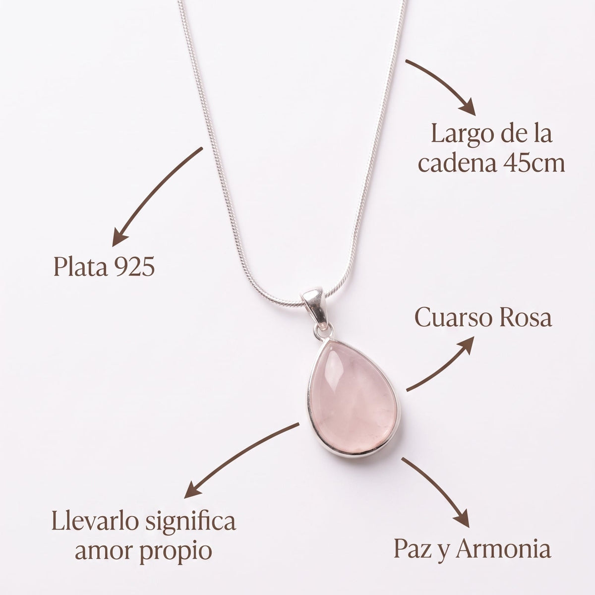 Collar Gota Cuarzo Rosa Plata 925 | Colgante Piedra Rosa Mare Rosato