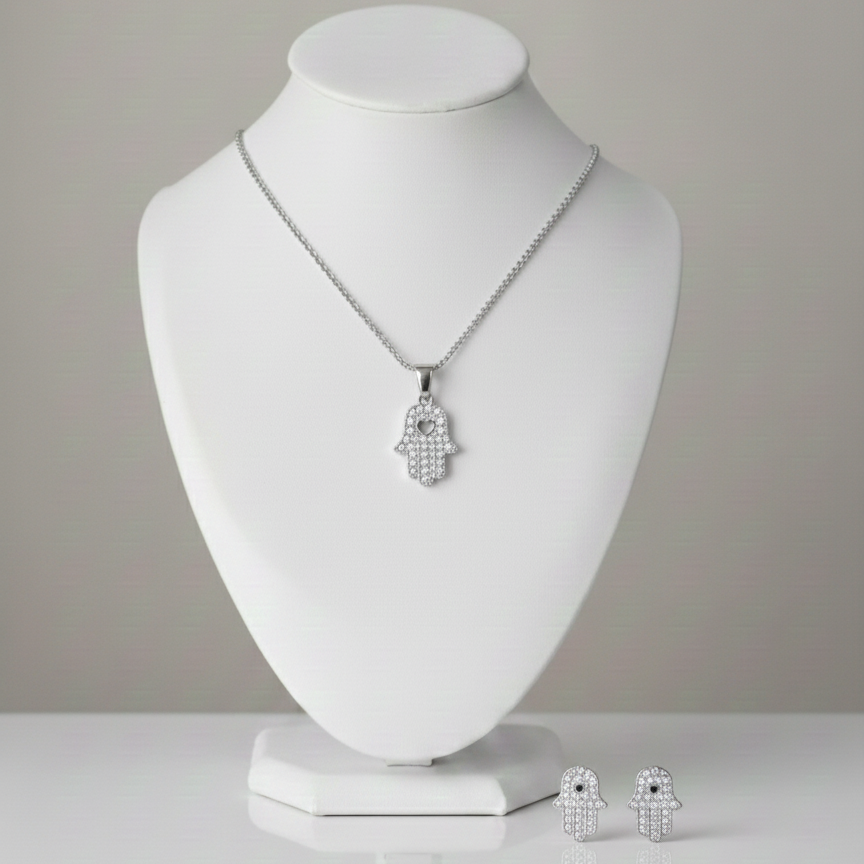 Set Plata 925 Mano de Fatima - Collar y Aros, joyería Mare Rosato