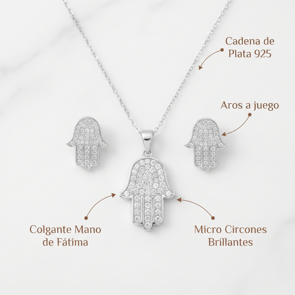 Set Mano de Fátima Plata 925 | Collar y Aros con Micro Circones Blancos