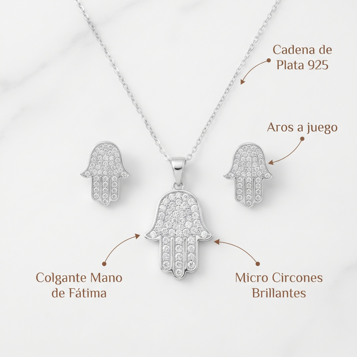Set Mano de Fátima Plata 925 | Collar y Aros con Micro Circones Blancos