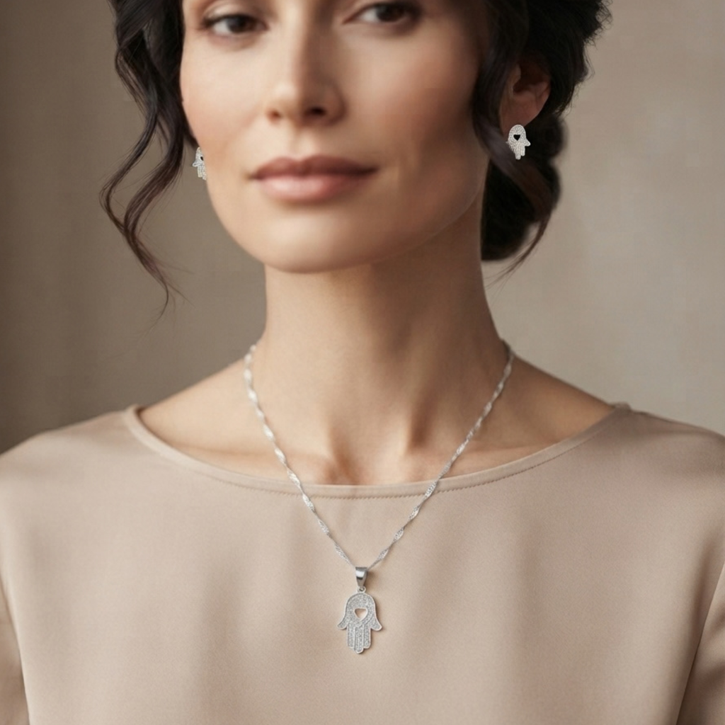 Set Mano de Fátima Plata 925 | Collar y Aros con Micro Circones Blancos