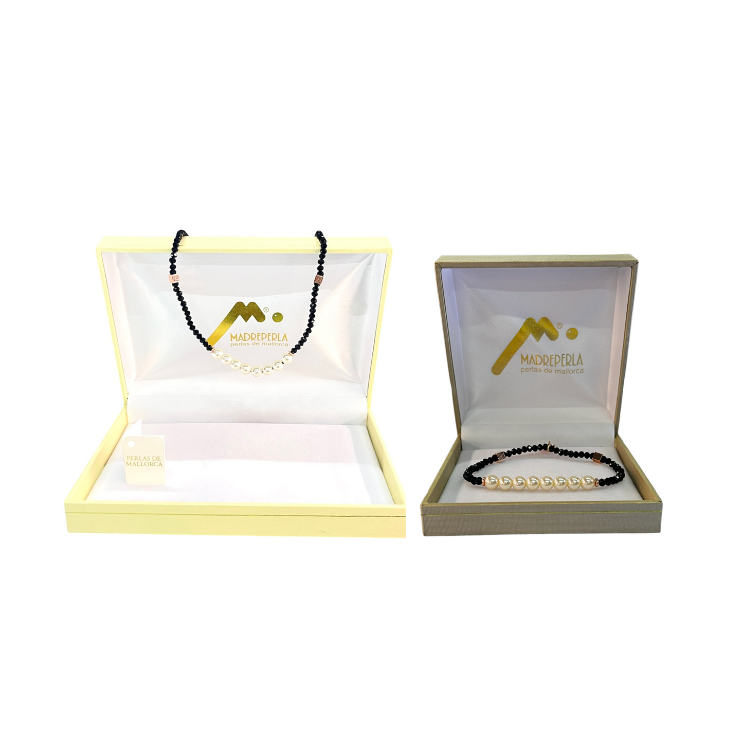 Set de Collar de Perlas con cristales Ónix mas Pulsera de Perlas con cristales Ónix