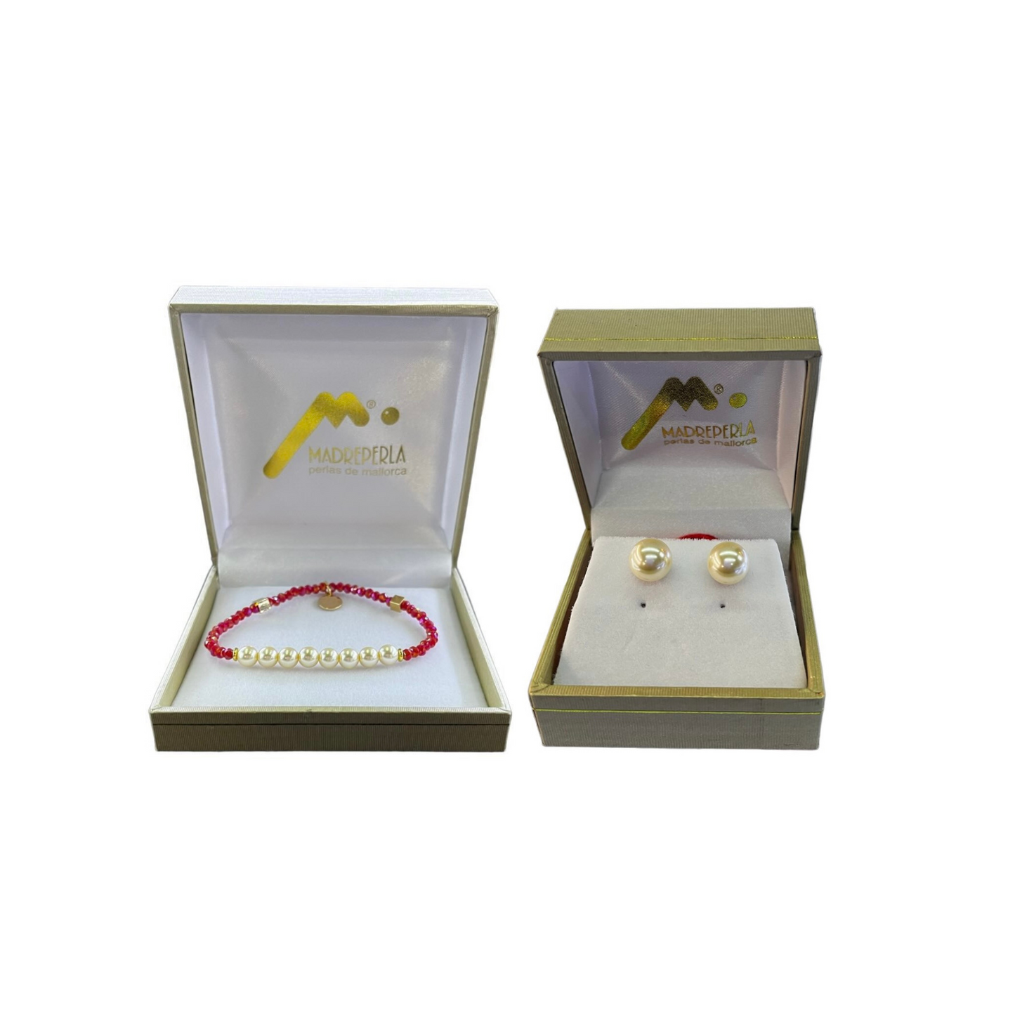 Set de Pulsera con cristales Rubí mas Aros de Mallorca enchapado en Oro