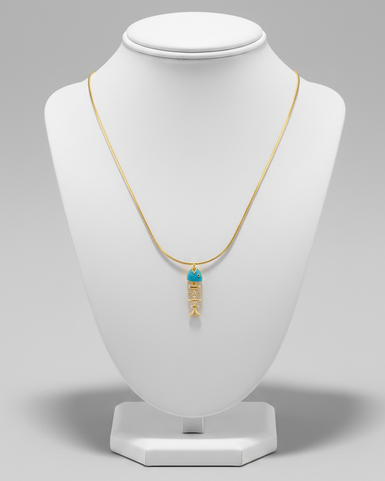 Collar Pescado Turquesa Esqueleto - Bañado en Oro 18K