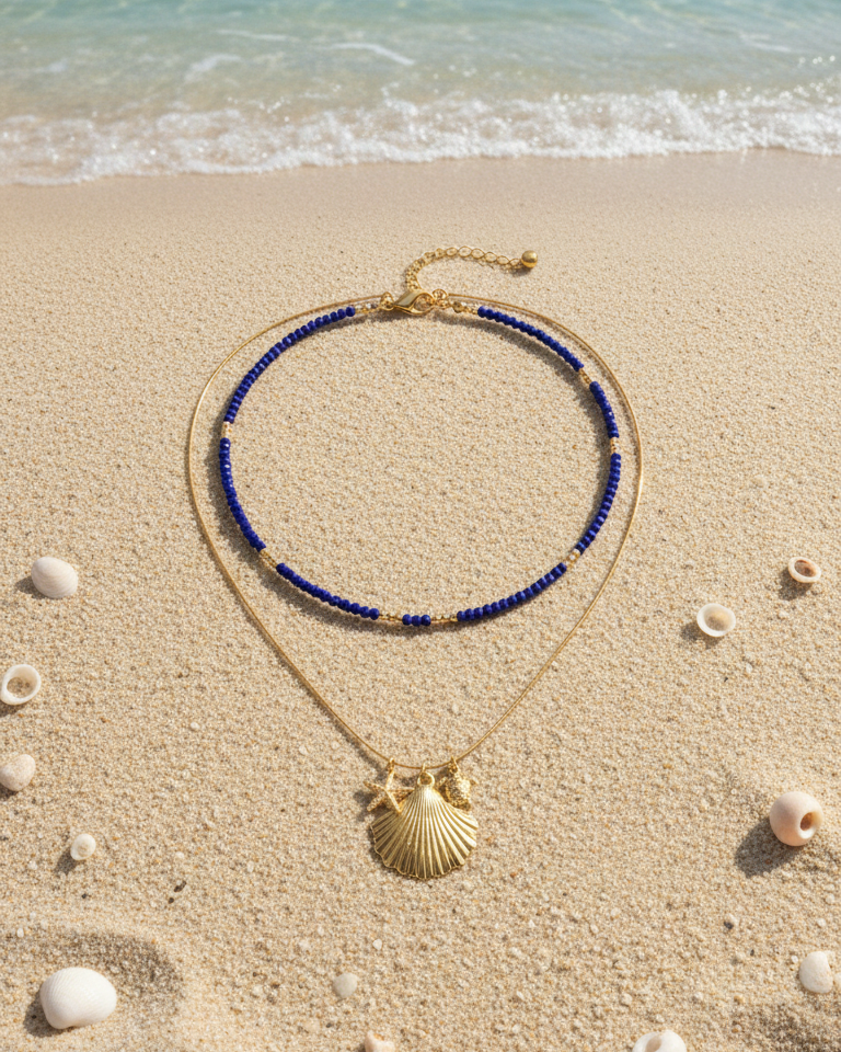 Set Collar Cristal Zafiro & Ostras - Bañado en Oro 18K - Ostra