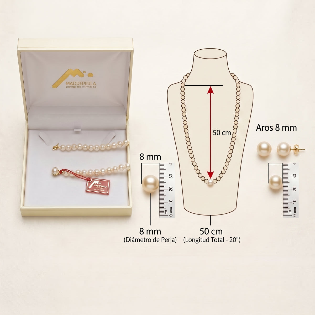 Set de Perlas Clásicos Aros 8mm y Collar 45cm Enchapado en oro 18K - Empaque Premium