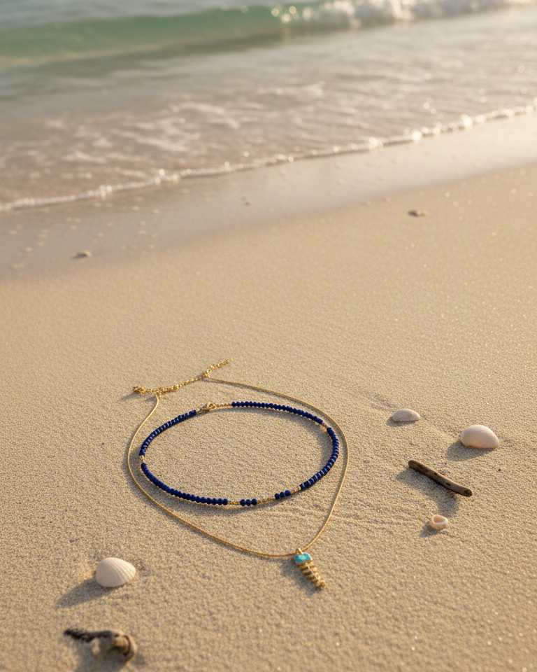 Set Collar Cristales Zafiro & Pescado Turquesa Esqueleto - Bañado en Oro 18K