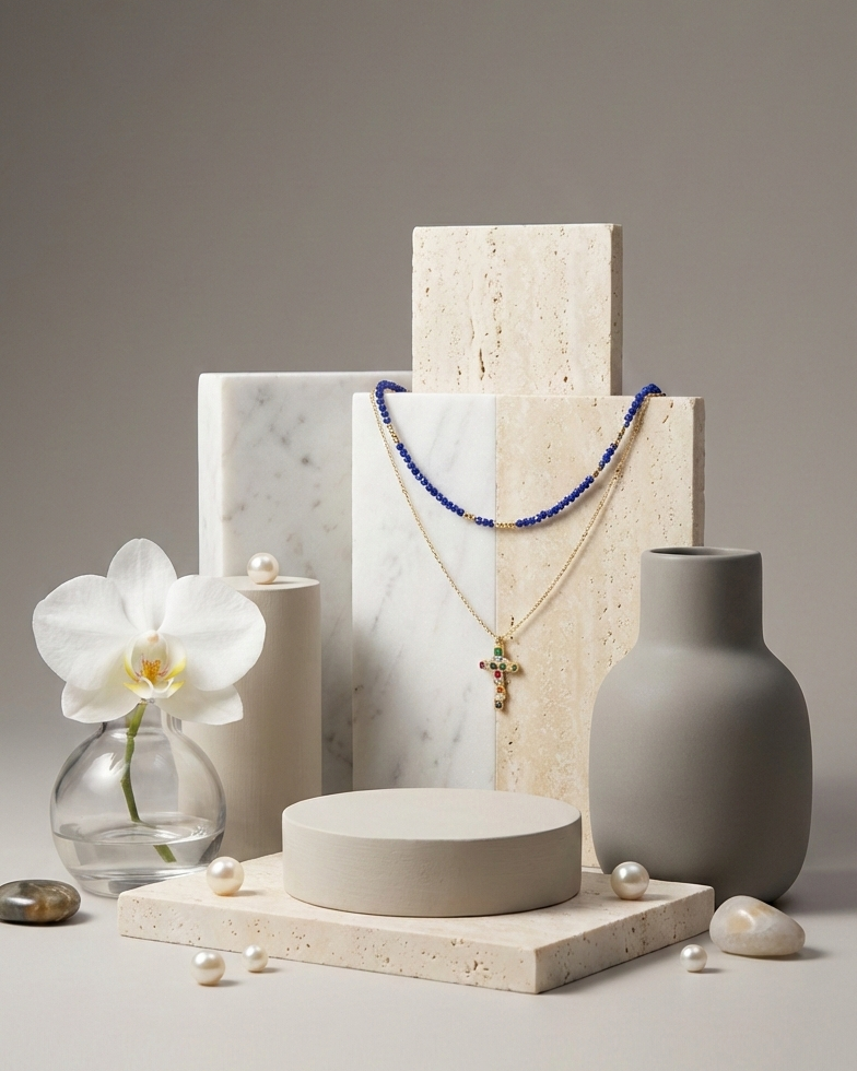 Set Collar Cristales Zafiro & Cruz Multicolor - Baño en Oro 18K