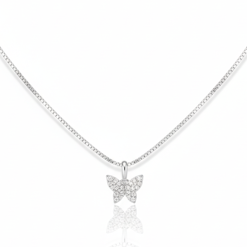Collar Plata 925 Mariposas micro circones Blancos, joyería Mare Rosato
