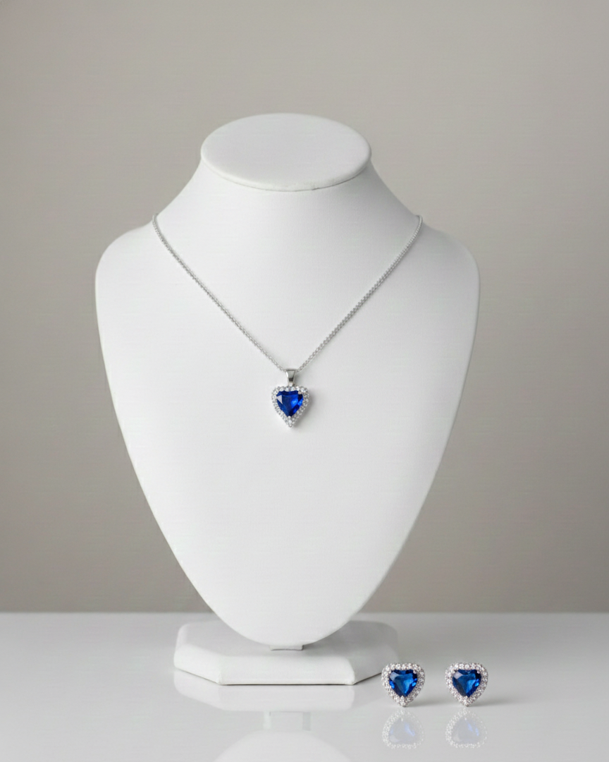 Set Plata 925 Corazon con circón Zafiro micro circones Blancos - Collar y Aros