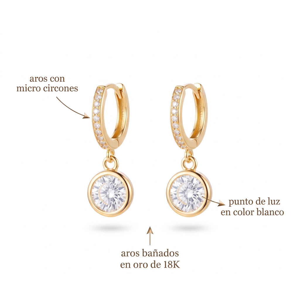 Argollas Punto de Luz | Argollas Baño Oro 18K con Micro Circones y Colgante Punto de Luz Blanco