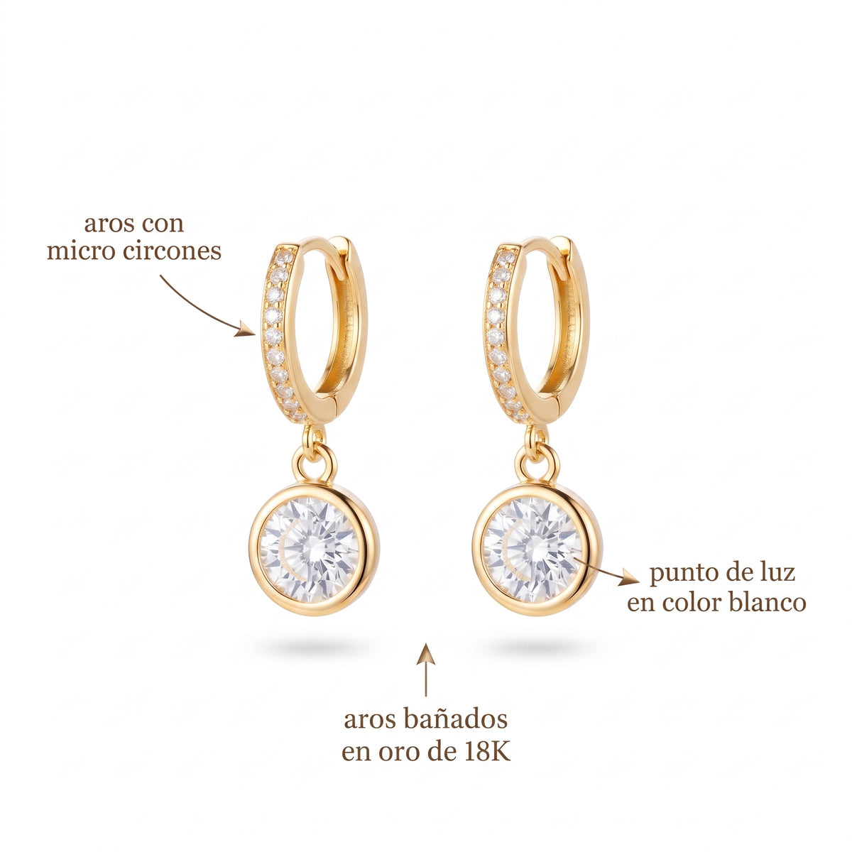 Argollas Punto de Luz | Argollas Baño Oro 18K con Micro Circones y Colgante Punto de Luz Blanco