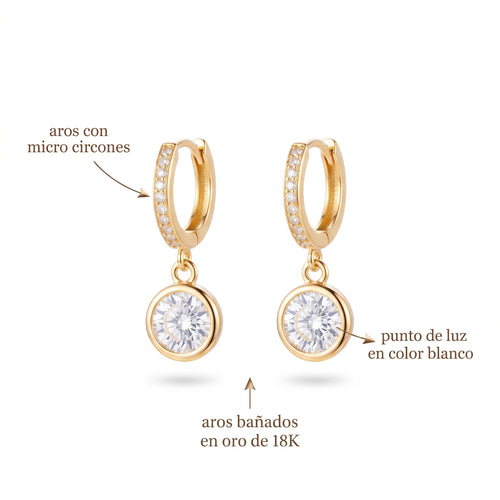 Argollas Punto de Luz | Argollas Baño Oro 18K con Micro Circones y Colgante Punto de Luz Blanco