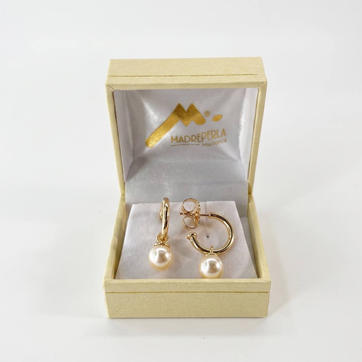 Aros Perlas de Mallorca enchapados en Oro de 18K Semi Argollas 8mm, joyería Mare Rosato