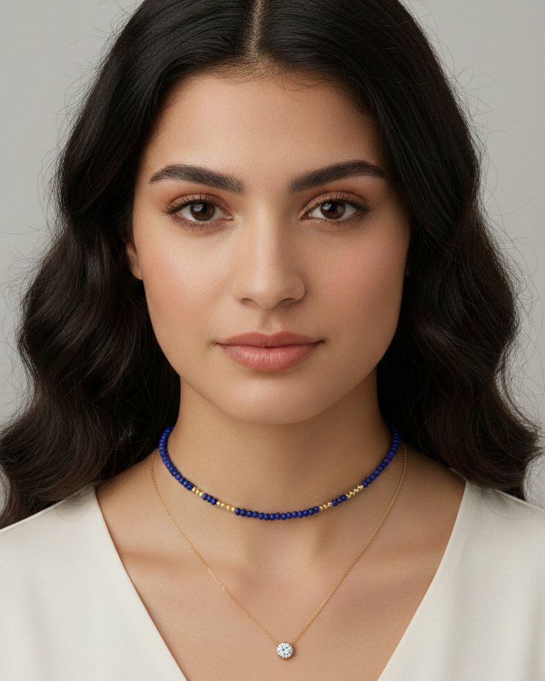 Set Collar Cristales color Zafiro & Punto de Luz - Bañado en Oro 18K