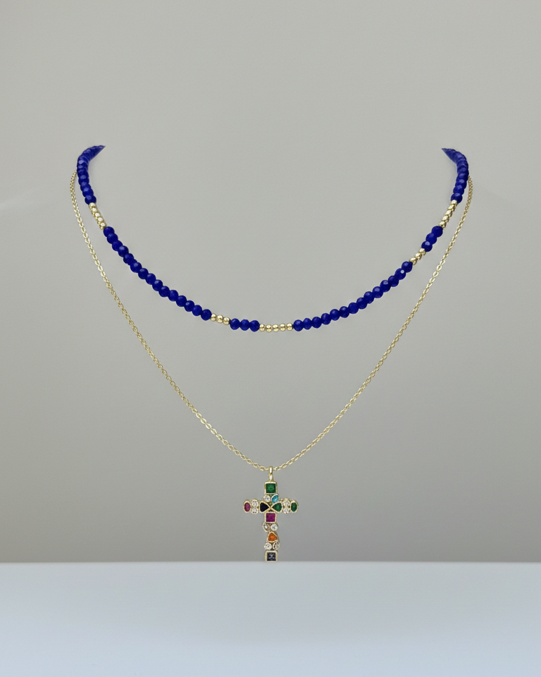 Set Collar Cristales Zafiro & Cruz Multicolor - Baño en Oro 18K