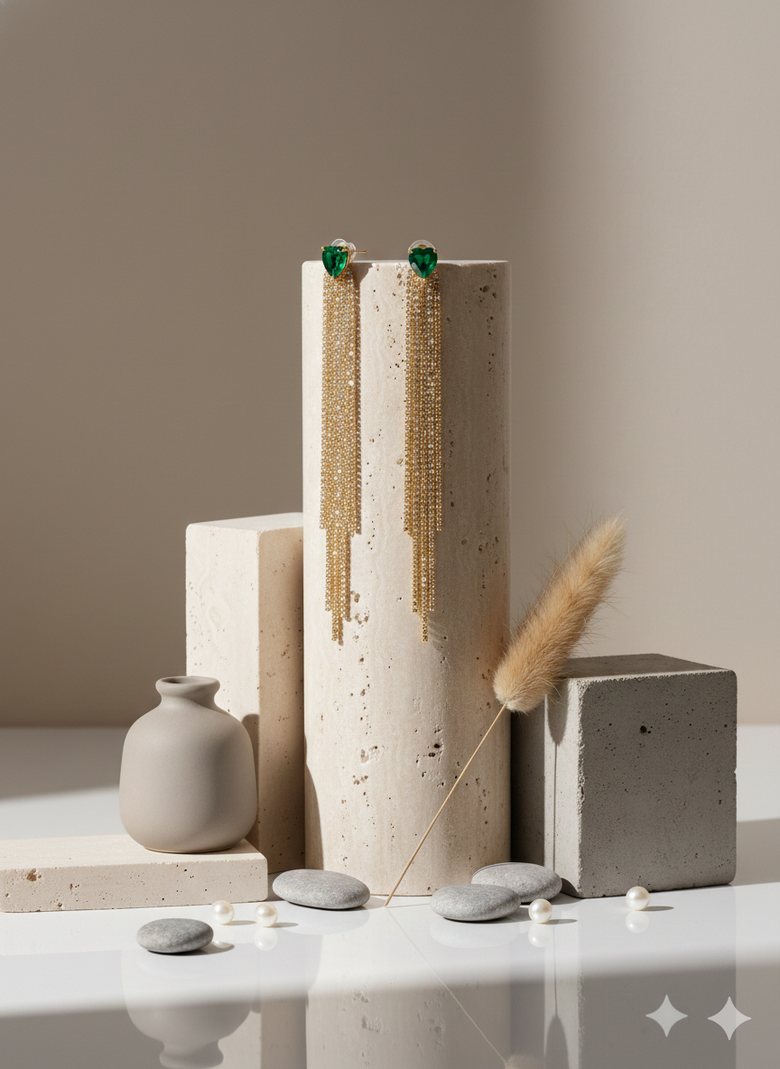 Aros Bañado en Oro 18K - Largos con corazon esmeralda