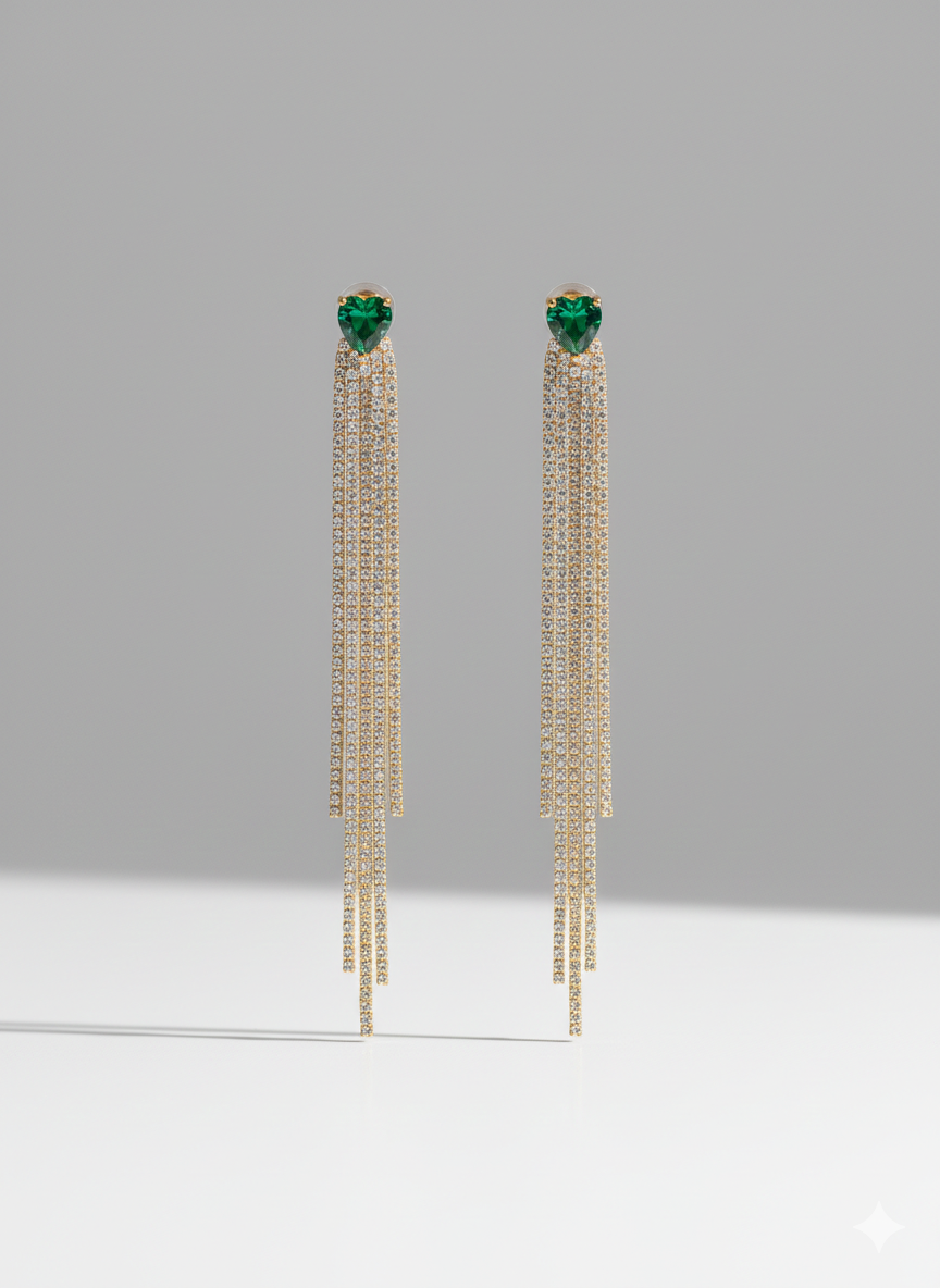 Aros Bañado en Oro 18K - Largos con corazon esmeralda