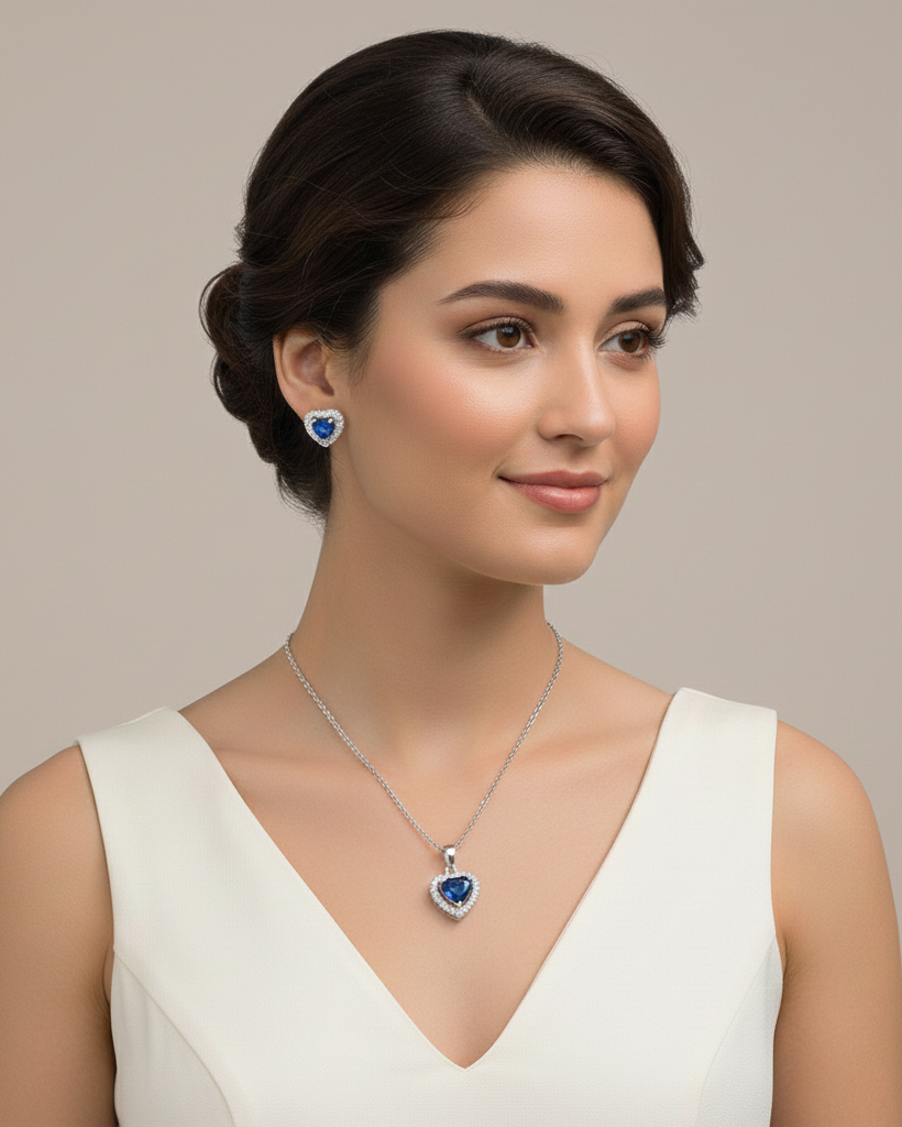 Set Plata 925 Corazon con circón Zafiro micro circones Blancos - Collar y Aros