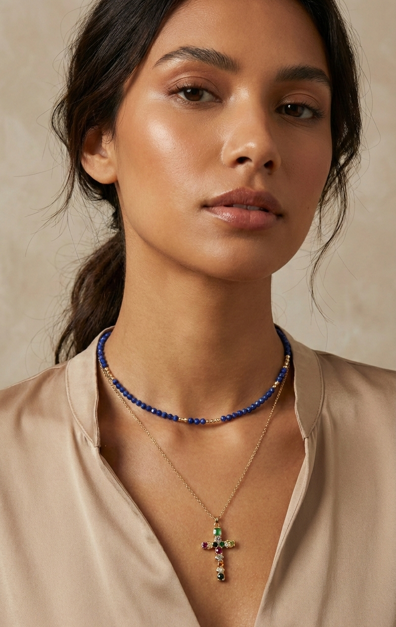 Set Collar Cristales Zafiro & Cruz Multicolor - Baño en Oro 18K