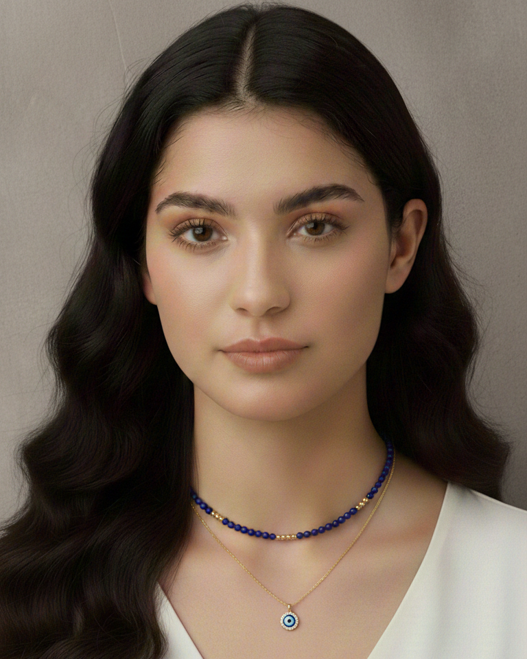 Set Collar Cristales Zafiro & Ojo Turco - Baño en Oro 18K