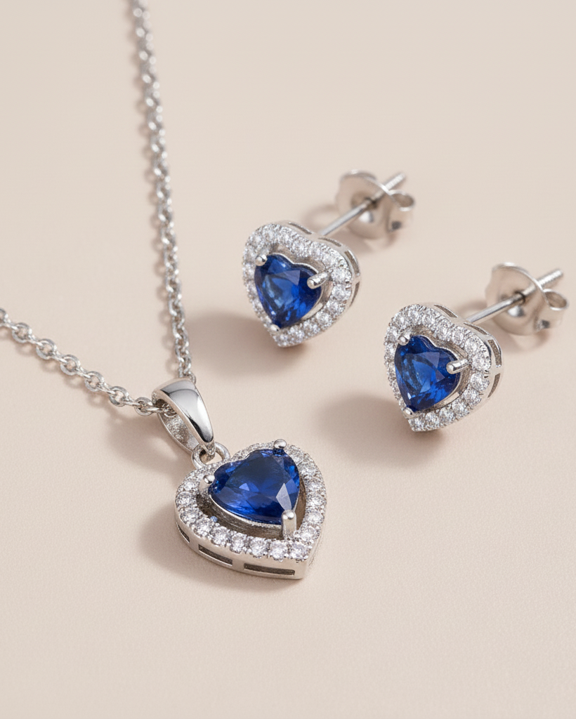 Set Plata 925 Corazon con circón Zafiro micro circones Blancos - Collar y Aros
