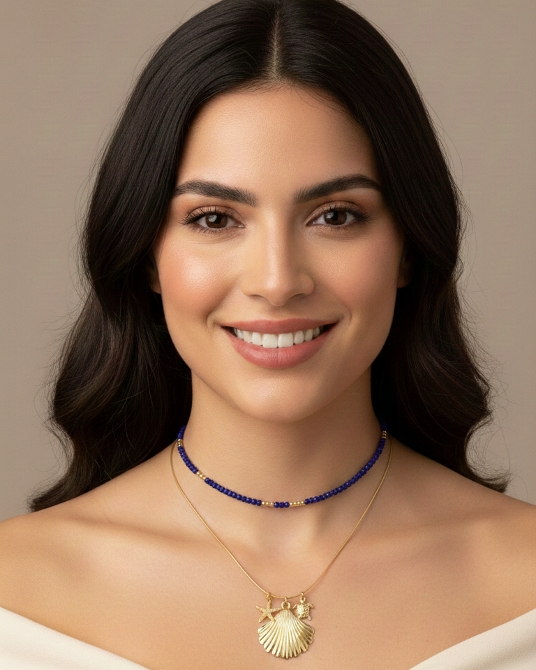 Set Collar Cristal Zafiro & Ostras - Bañado en Oro 18K - Ostra