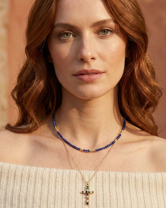 Set Collar Cristales Zafiro & Cruz Multicolor - Baño en Oro 18K