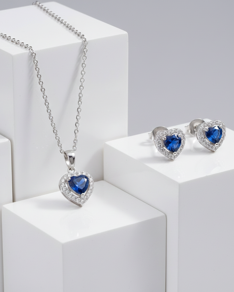 Set Plata 925 Corazon con circón Zafiro micro circones Blancos - Collar y Aros