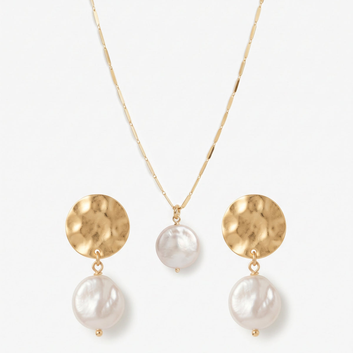 Set Marfil | Collar y Aros Baño Oro 18K con Perla Barroca Plana Blanca