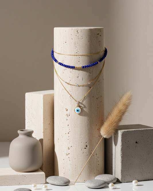 Set Collar Cristales Zafiro & Ojo Turco - Baño en Oro 18K