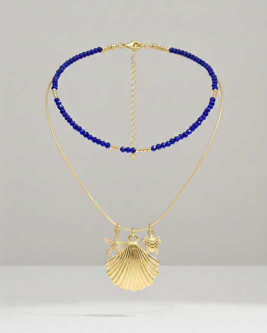 Set Collar Cristal Zafiro & Ostras - Bañado en Oro 18K - Ostra