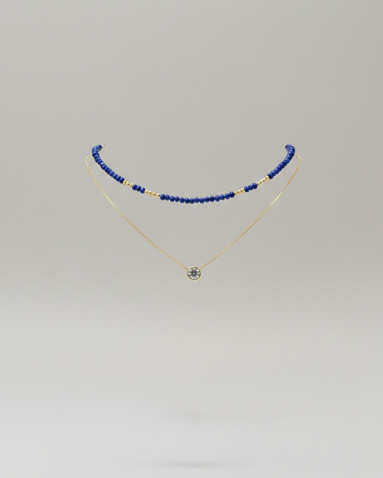 Set Collar Cristales color Zafiro & Punto de Luz - Bañado en Oro 18K