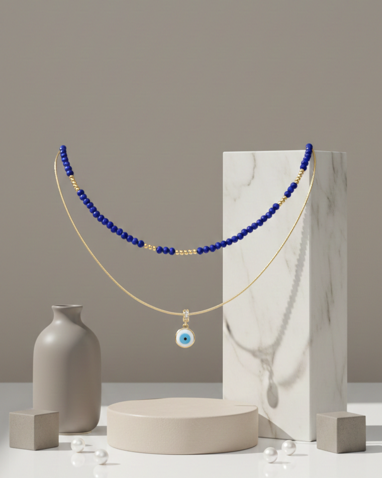 Set Collar Cristales Zafiro & Ojo Turco - Baño en Oro 18K