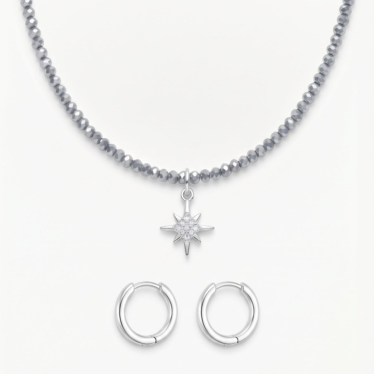 Set Estrella | Collar de Cristales Austriacos Plateados con Estrella de 8 Puntas y Argollas