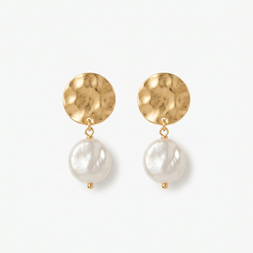 Aros Marfil | Aros Colgantes Baño Oro 18K con Perla Barroca Plana Blanca