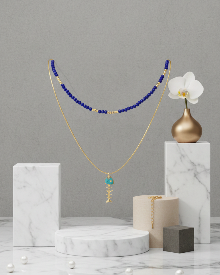 Set Collar Cristales Zafiro & Pescado Turquesa Esqueleto - Bañado en Oro 18K