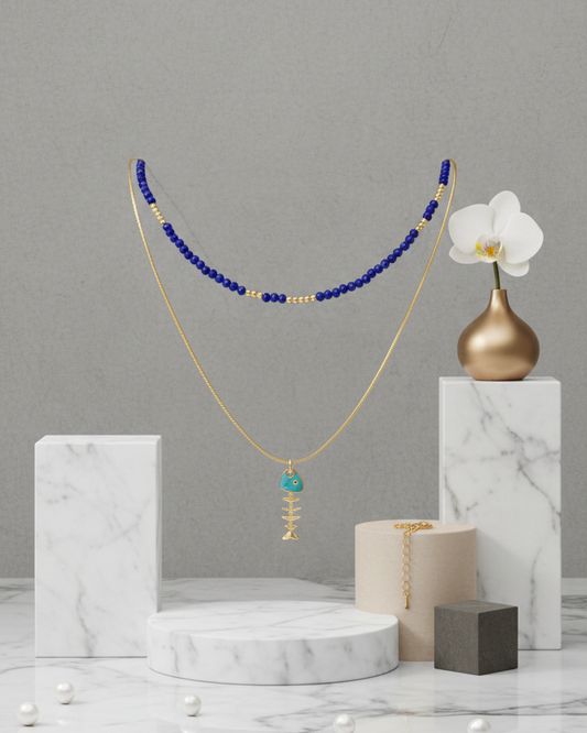 Set Collar Cristales Zafiro & Pescado Turquesa Esqueleto - Bañado en Oro 18K