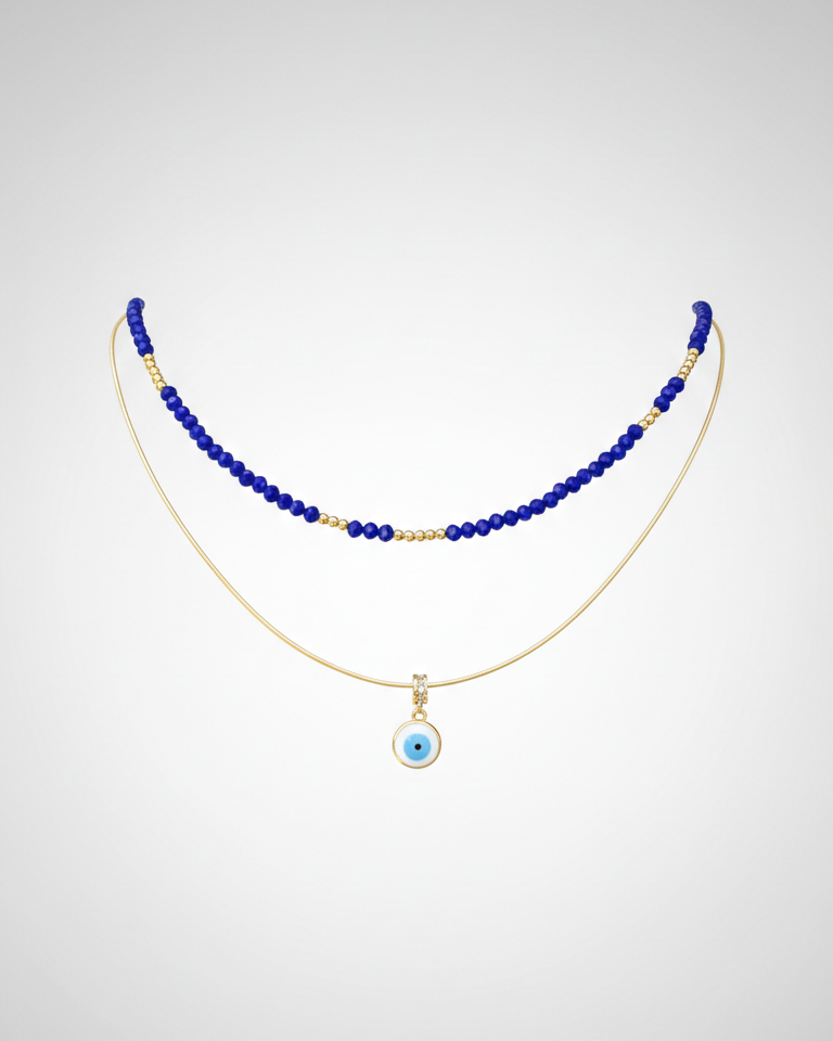 Set Collar Cristales Zafiro & Ojo Turco - Baño en Oro 18K