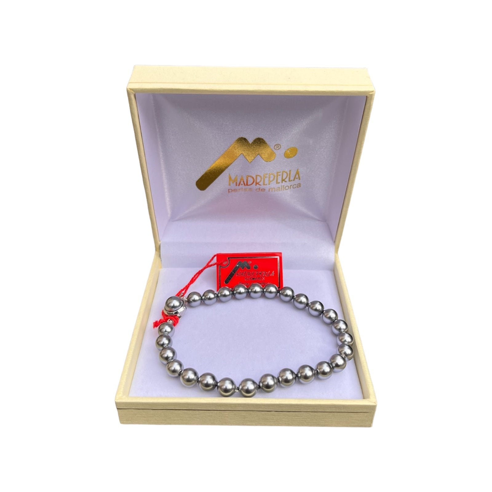 Pulsera de Perlas Gris Broche Bañado en Rodio, joyería Mare Rosato