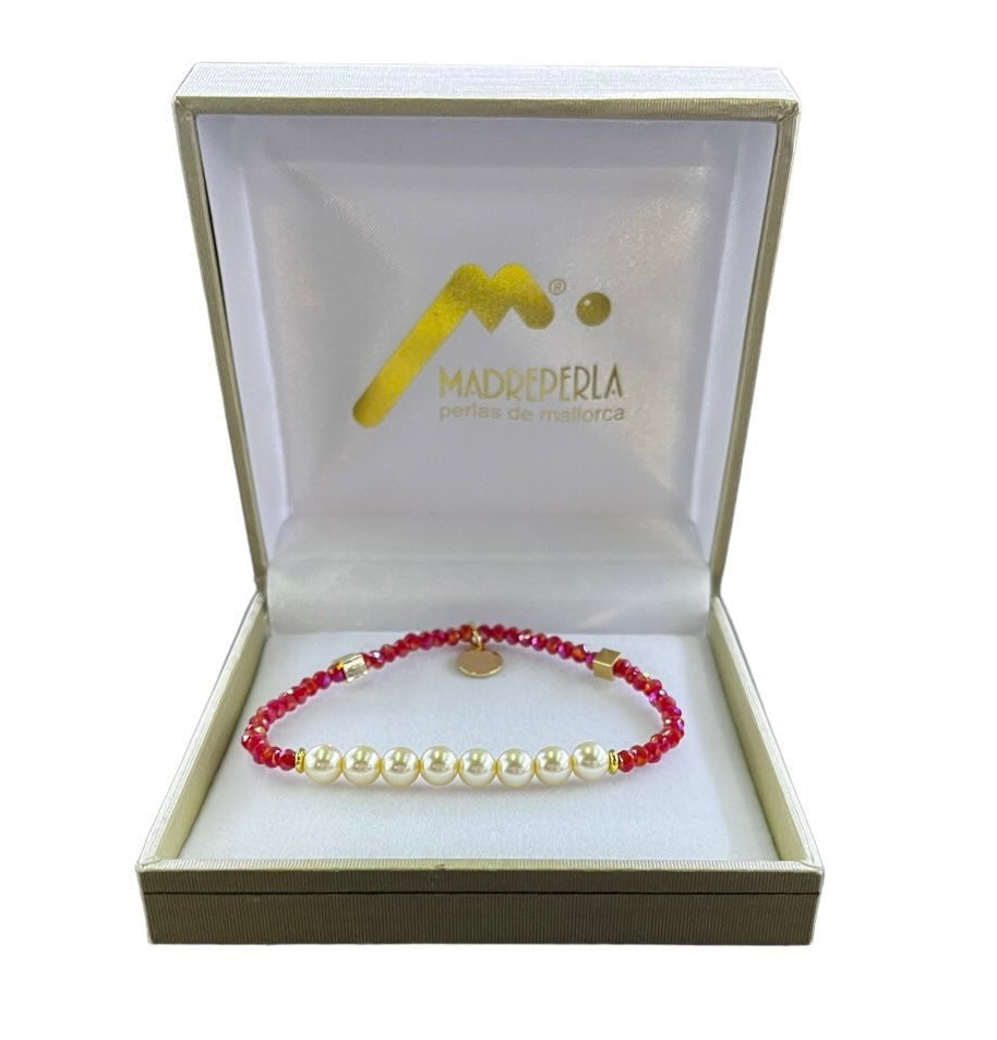 Set de Pulsera con cristales Rubí mas Aros de Mallorca enchapado en Oro