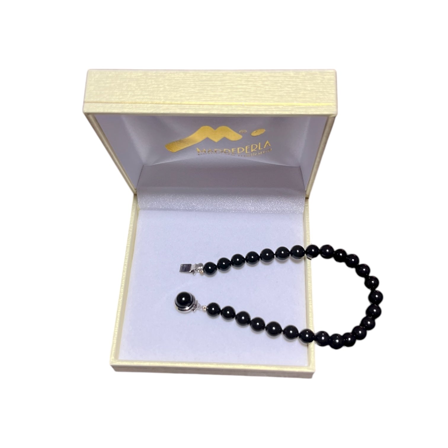 Pulsera de Perlas Negras Broche Enchapado en Rodio, joyería Mare Rosato