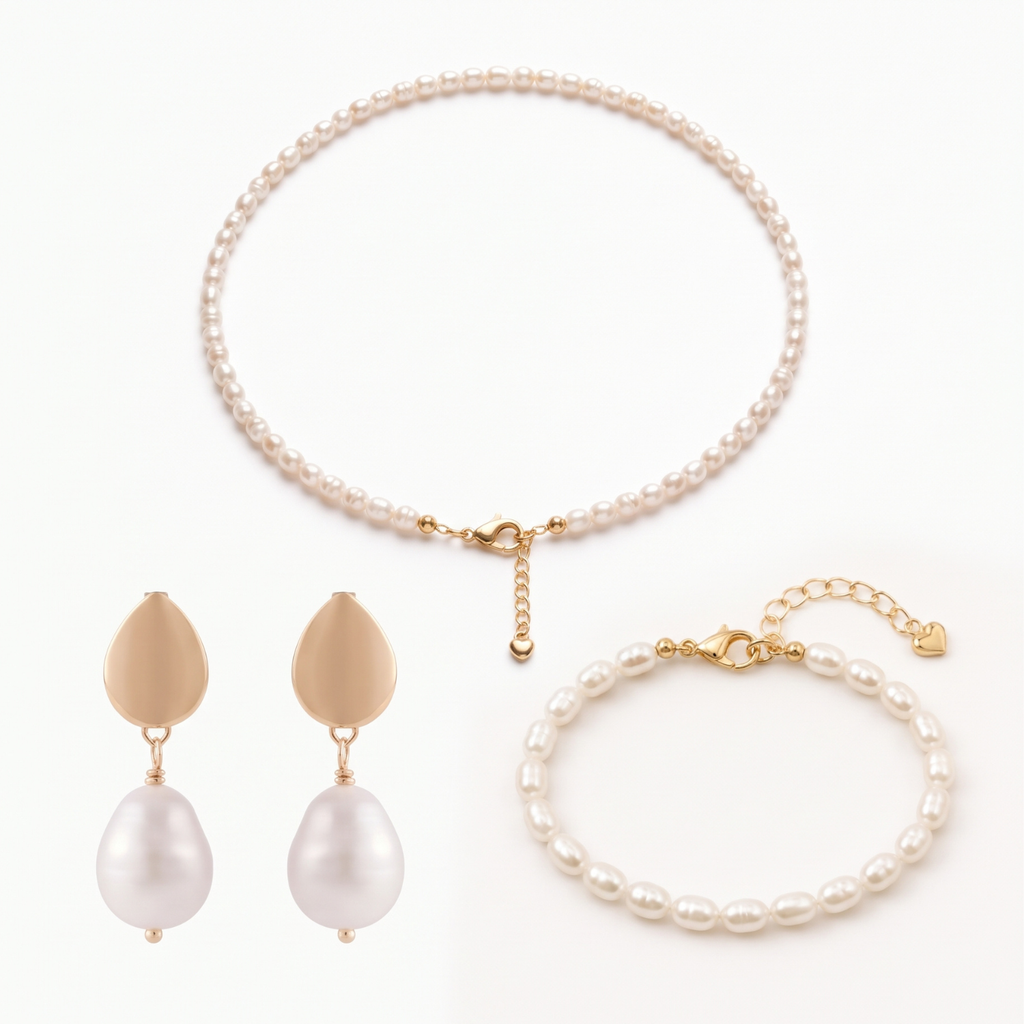Set Amalia Trío | Collar de Perlas de Río 4 mm 50 cm, Aros Amalia y Pulsera de Perlas de Río 19 cm Baño Oro 18K