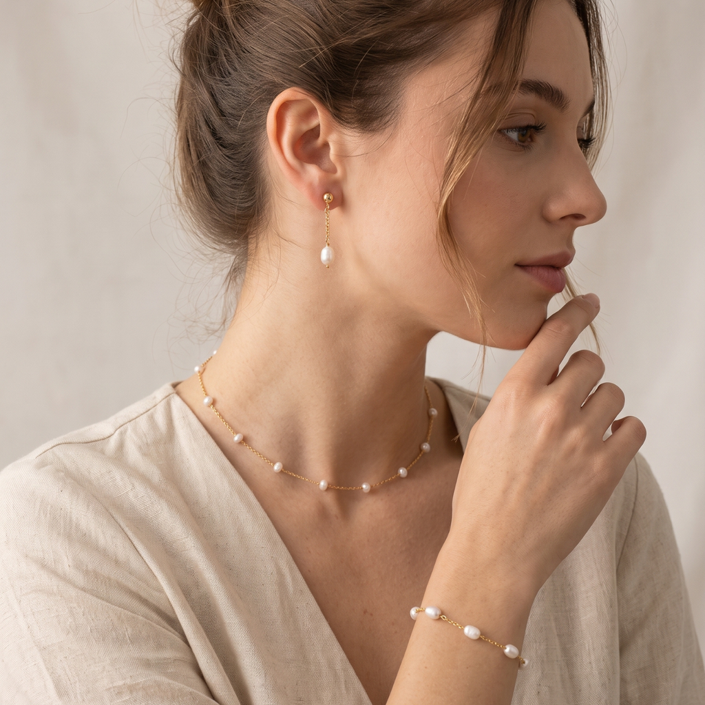 Set Olivia Trío | Collar Torcido de Perlas de Río 50 cm, Aros Largos Olivia y Pulsera Olivia 19 cm Baño Oro 18K