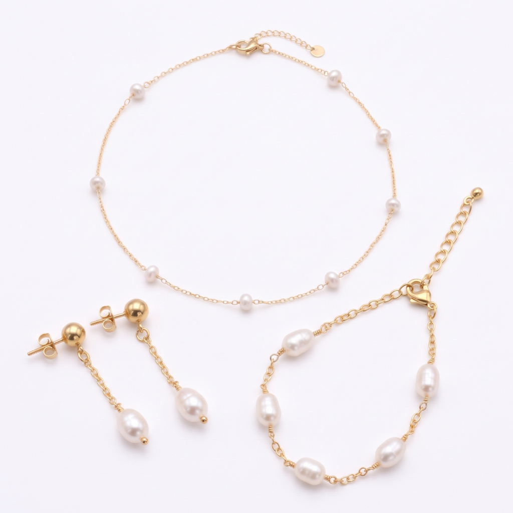Set Olivia Trío | Collar Torcido de Perlas de Río 50 cm, Aros Largos Olivia y Pulsera Olivia 19 cm Baño Oro 18K