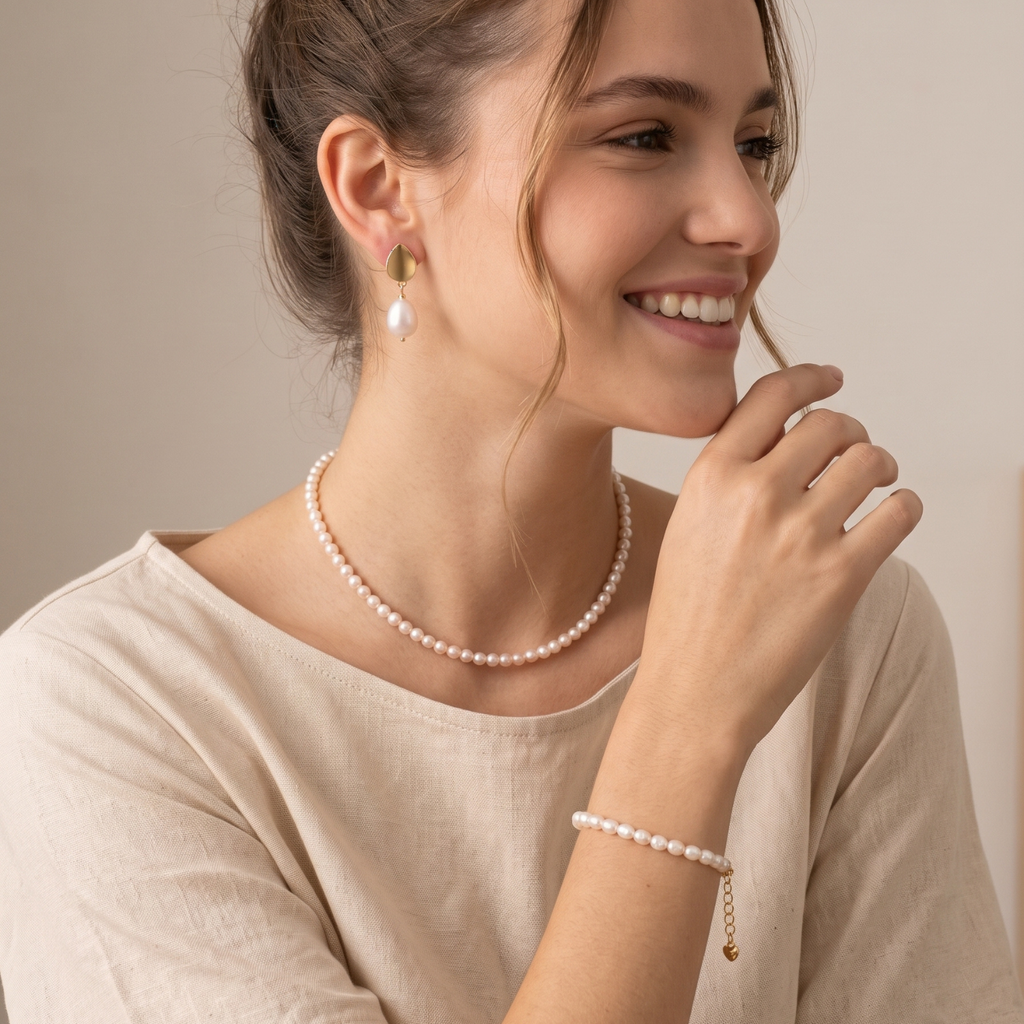 Set Amalia Trío | Collar de Perlas de Río 4 mm 50 cm, Aros Amalia y Pulsera de Perlas de Río 19 cm Baño Oro 18K